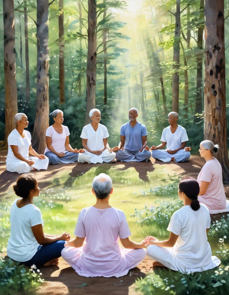 A tranquil scene depicting a strong, diverse group of cancer survivors meditating together in a sunlit forest, symbolizing resilience and mental wellness. In the background, gentle rays of sunlight penetrate through the trees, creating a serene atmosphere. Each individual is represented with glowing energy, signifying hope and strength in their journey. Soft pastel colors enhance the peaceful mood, while flowers bloom around them to symbolize growth and healing. watercolor painting. soft focus. pastel colors.